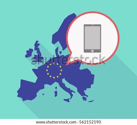 Illustration of a long shadow EU map, and its flag  with a comic balloon and a smart phone
