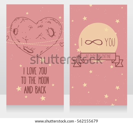 Cosmic cards for valentine's day, heart formed moon on starry sky, vector illustration