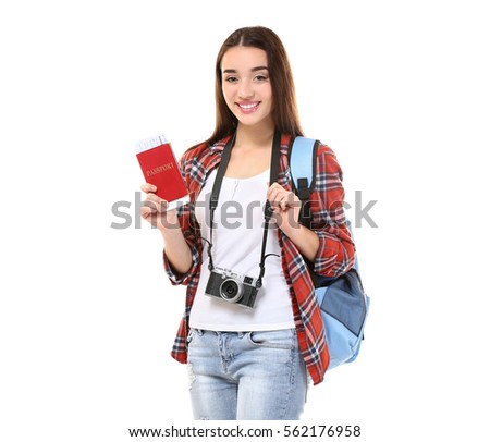 Beautiful young tourist on white background
