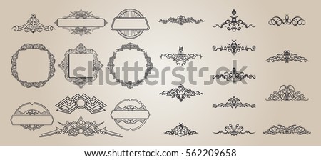 Vintage decor elements and wicker lines in vector. Decoration for logos, page, wedding album or restaurant menu in set. Calligraphic design elements
