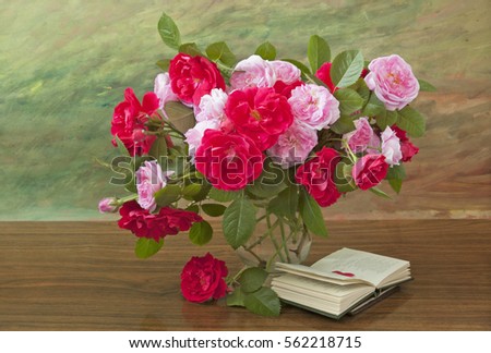 Still life with roses flowers bunch and book