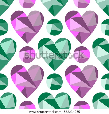 Vector seamless pattern with blue, pink abstract hearts on the white background Polygonal design. Geometric triangular origami style, graphic illustration. Series of Love Seamless Patterns.