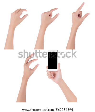Woman hands holding smart phone with blank screen display and collection of different touch and pinch fingers for zooming something, digital and communication concept, Isolated on white background.