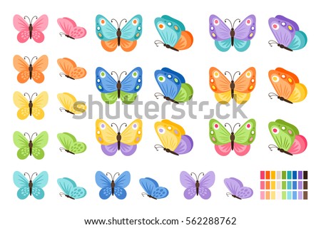 Watercolor colors butterflies isolated on white background. Pretty vector butterfly set with spring palette for child.