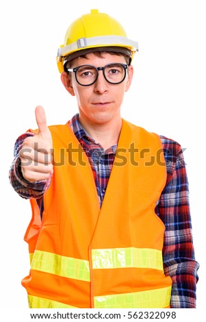 Studio shot of man construction worker giving thumb up