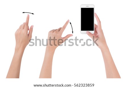 Woman hands holding smart phone with blank screen display, Collection of index finger and pinch fingers for touch or zoom, digital and communication concept, Isolated on white background