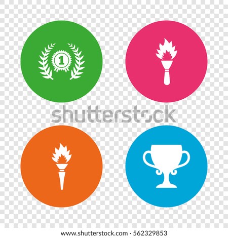 First place award cup icons. Laurel wreath sign. Torch fire flame symbol. Prize for winner. Round buttons on transparent background. Vector