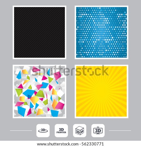 Carbon fiber texture. Yellow flare and abstract backgrounds. 3d technology icons. Printer, rotation arrow sign symbols. Print cube. Flat design web icons. Vector