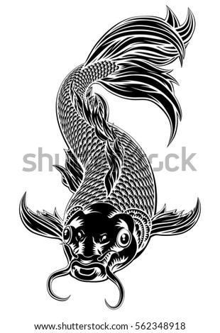 An oriental koi or coy carp fish in a vintage woodcut style