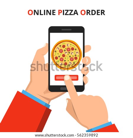 Online order pizza. Hand holding smartphone with pizza on the screen. Order fast food concept. Flat vector illustration.
