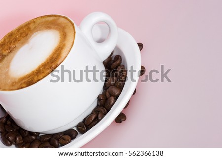 Fresh milk mixed coffee mug design, white color cup and background, colorful photograph including  perfect lights, very tasty hot drink of luxury house.