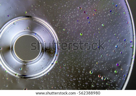Colorful water drops on polarized disk showing pixel matrix of LCD screen.