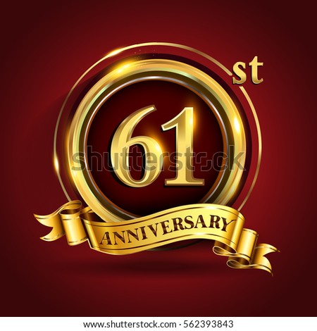 Celebrating 61st golden anniversary, sixty one years birthday logo celebration with gold ring and golden ribbon.