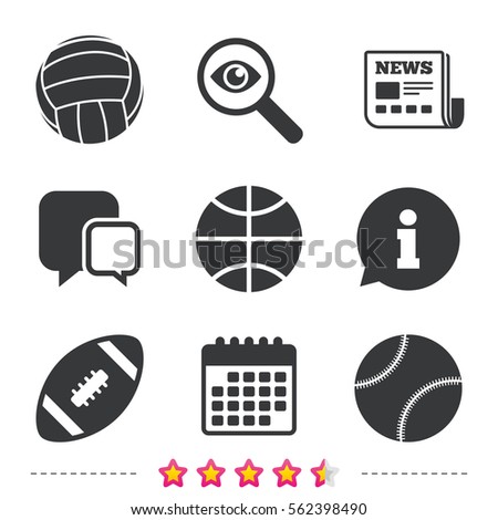 Sport balls icons. Volleyball, Basketball, Baseball and American football signs. Team sport games. Newspaper, information and calendar icons. Investigate magnifier, chat symbol. Vector