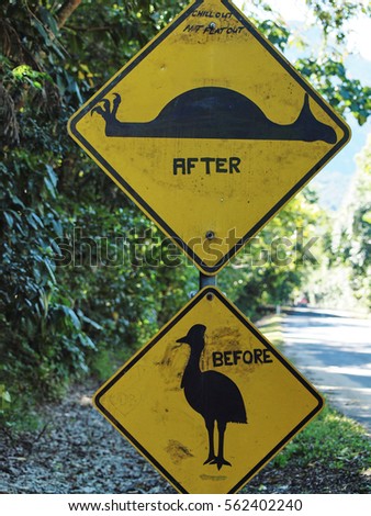 Australia roadsigns, Image of a defaced road sign for the Cassowary Bird in Australia showing a before and after image of the bird