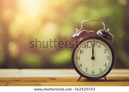 12 o'clock retro clock vintage color tone in the garden Royalty-Free Stock Photo #562429543