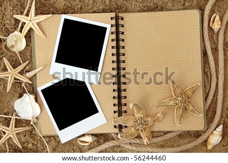 Fishing net and exercise book on brown background