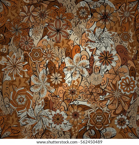 raster floral seamless pattern with autumn leaves and flowers. Brown.
