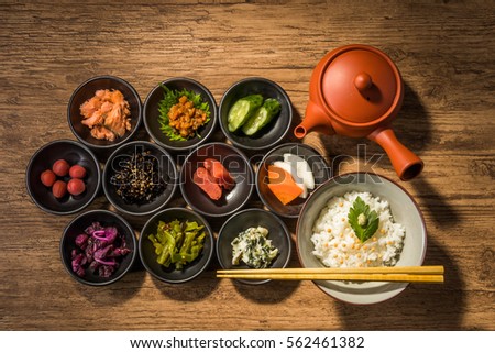 Rice with Soup Stock(with food such as dried fish, pickled vegetables or other seasonings )japanese food(ochazuke)