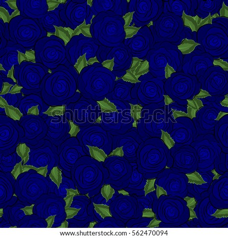 Seamless floral pattern with little abstract roses and green leaves in blue colors, vector illustration in vintage style.