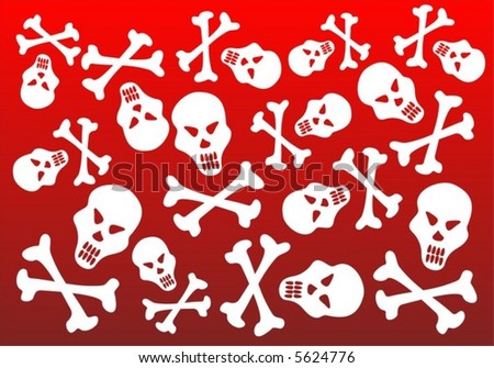White skulls and bones on a red background.