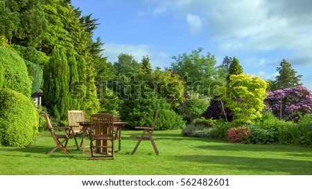 English garden in June Royalty-Free Stock Photo #562482601