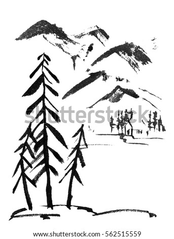 Landscape in traditional oriental style, mountains, valleys, trees, house, free brush, monochrome graphics.
