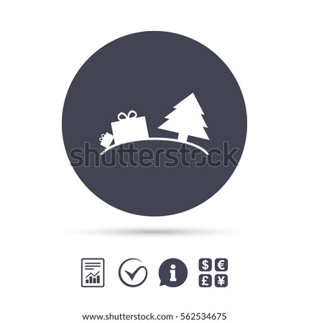Happy new year sign icon. Gifts anf tree. Report document, information and check tick icons. Currency exchange. Vector