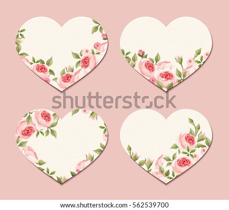 Set of four vector Valentine heart cards with pink roses.
