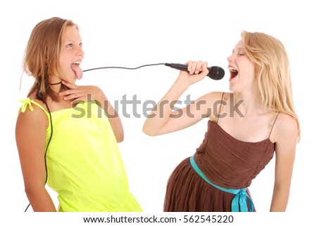 Young beautiful teenage girl conducts interviews with the singer. Isolated on white background