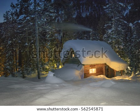 Taiga hut winter night.