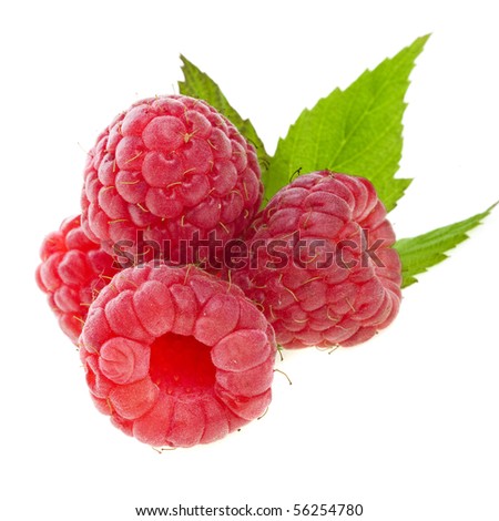 Ripe Raspberry with green leaves close up isolated on white background