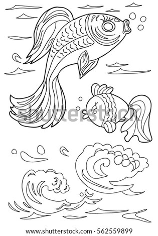  Coloring  book.  Hand drawn. Adults, children. Sea animals. Fish. Black and white vector illustration.