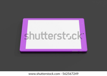 Purple tablet pc with 4:3 screen aspect ratio with white blank screen isolated on black background. Include clipping path around device and around screen. 3d render.