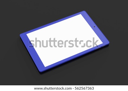 Blue tablet pc with 4:3 screen aspect ratio with white blank screen isolated on black background. Include clipping path around device and around screen. 3d render.