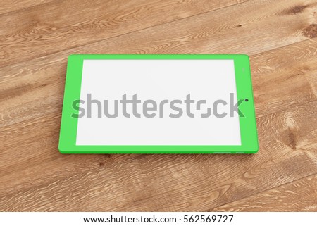 Green tablet pc with 4:3 screen aspect ratio with white blank screen isolated on wooden background. Include clipping path around device and around screen. 3d render.
