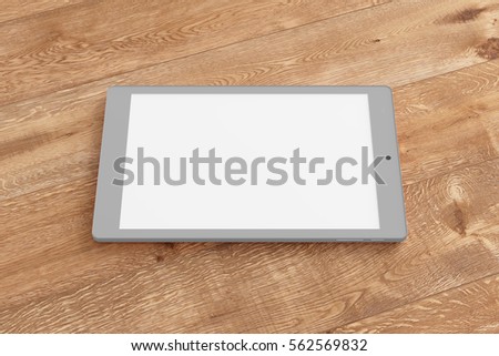 Gray tablet pc with 4:3 screen aspect ratio with white blank screen isolated on wooden background. Include clipping path around device and around screen. 3d render.