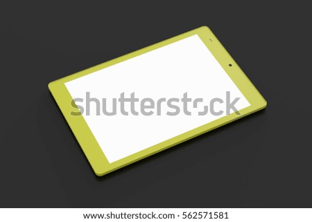 Yellow tablet pc with 4:3 screen aspect ratio with white blank screen isolated on black background. Include clipping path around device and around screen. 3d render.