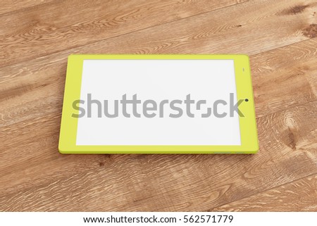 Yellow tablet pc with 4:3 screen aspect ratio with white blank screen isolated on wooden background. Include clipping path around device and around screen. 3d render.