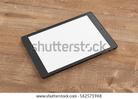 Black tablet pc with 4:3 screen aspect ratio with white blank screen isolated on wooden background. Include clipping path around device and around screen. 3d render.