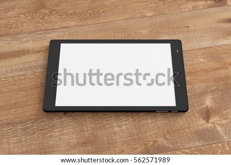 Black tablet pc with 4:3 screen aspect ratio with white blank screen isolated on wooden background. Include clipping path around device and around screen. 3d render.