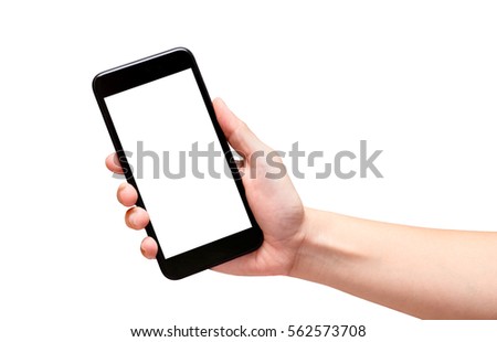 Hand holding black mobile phone with blank screen isolated on white background,Mock up for display of your content of replace with background