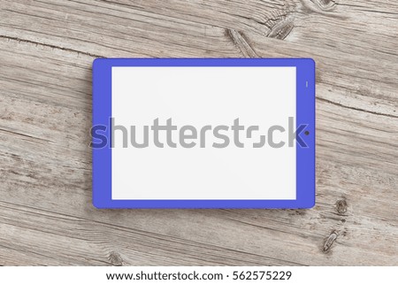 Blue tablet pc with 4:3 screen aspect ratio with white blank screen isolated on wooden background. Include clipping path around device and around screen. 3d render.