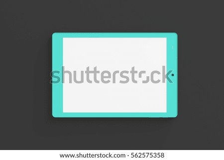 Turquoise tablet pc with 4:3 screen aspect ratio with white blank screen isolated on black background. Include clipping path around device and around screen. 3d render.