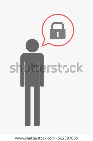 Illustration of an isolated male pictogram with  with a comic balloon and a closed lock pad
