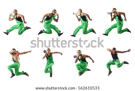 Construction worker jumping and dancing