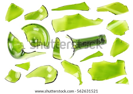 Top view of broken green wine bottle piece isolated on white background Royalty-Free Stock Photo #562631521