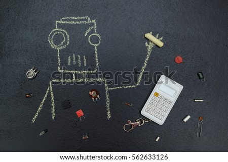 Painted robot with electric parts and calculator