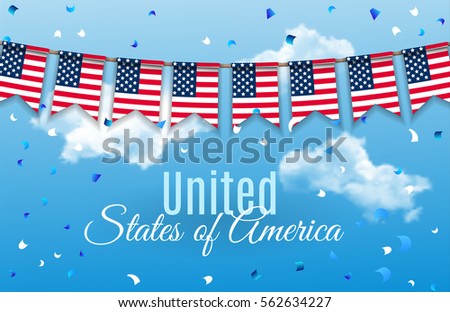 Colorful chain, garland, bunting of USA flags for July 4 Independence Day.  Patriotic Symbolic Decoration for Holiday in America with confetti on blue sky with clouds background. Vector 
