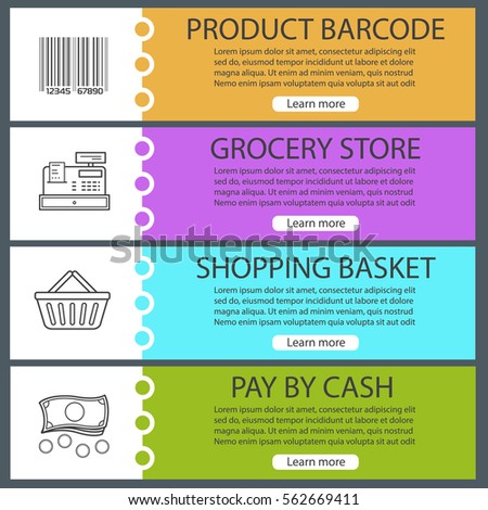 Supermarket banner templates set. Grocery store. Product barcode, cash register, shopping basket, money. Website menu items with linear icons. Color web banner. Vector headers design concepts